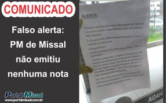 Falso alerta: PM de Missal não emitiu nenhuma nota