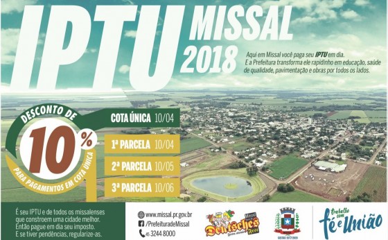 No dia 10 de abril é o vencimento do IPTU para quem optar pagar em parcela única.